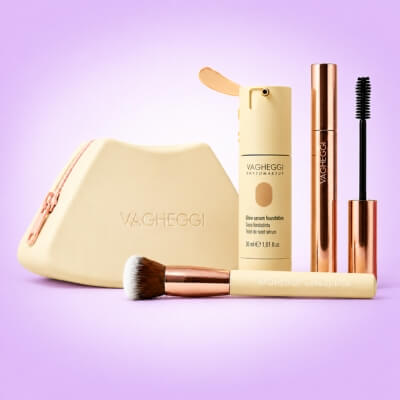 Purple background makeup bag brush and mascara